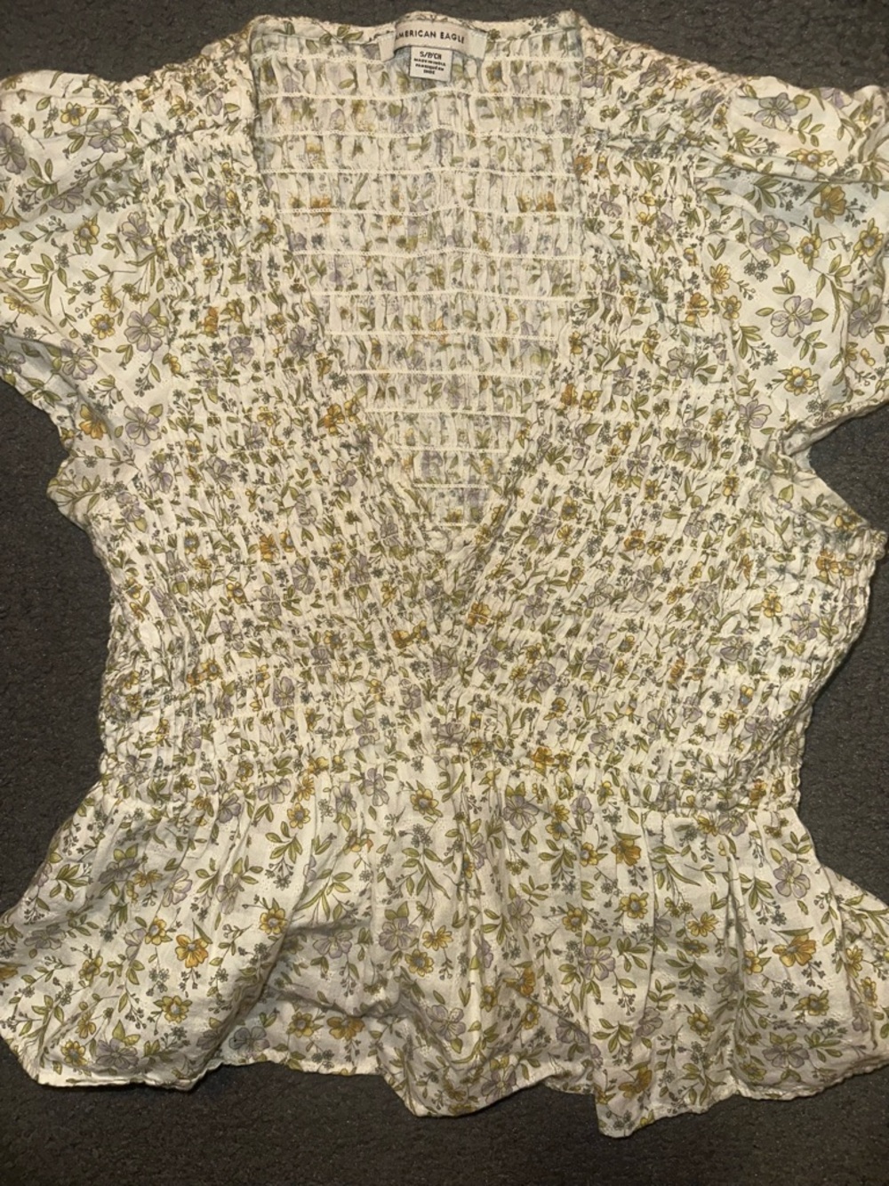 American Eagle Outfitters White Floral Smocked Peplum Blouse